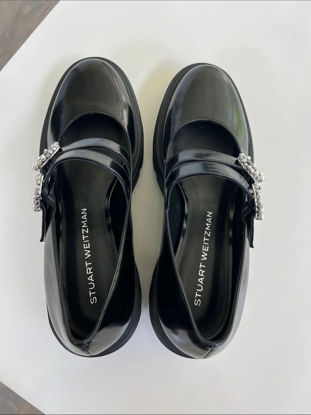 Stuart Weitzman soho leighton mary jane supermoto black leather chunky lug flats